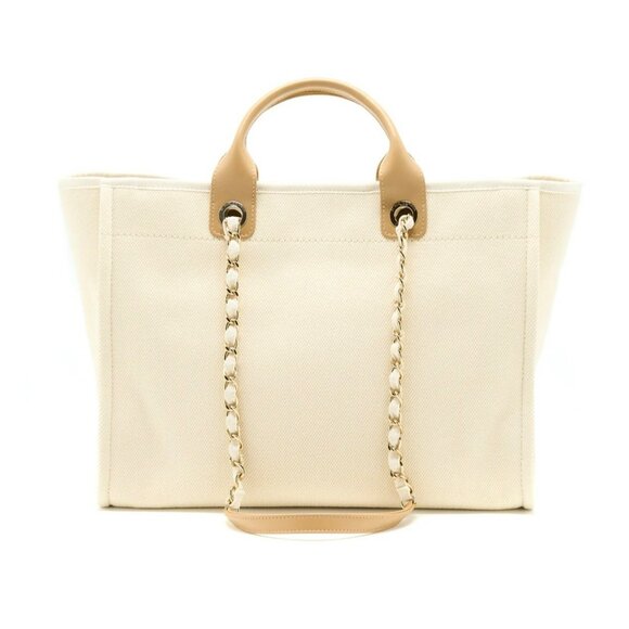 Chanel Beige Canvas & Leather Chain Tote Bag With Dual Handles & Logo Embroidery - Picture 2 of 16